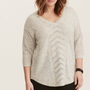 Torrid Pointelle Pullover V-Neck Sweater Gray 3/4 sleeves Ribbed trim 3X Plus